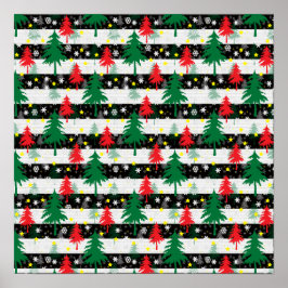 Zwart Wit Kerstmis Sneeuw Strepen Rood Groen Bomen Poster