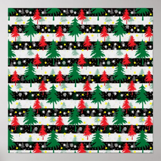 Zwart Wit Kerstmis Sneeuw Strepen Rood Groen Bomen Poster (Voorkant)