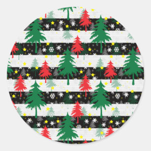 Zwart Wit Kerstmis Sneeuw Strepen Rood Groen Bomen Ronde Sticker