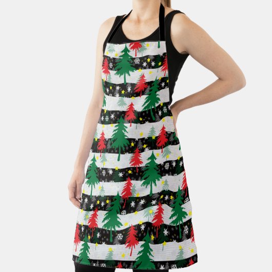 Zwart Wit Kerstmis Sneeuw Strepen Rood Groen Bomen Schort (Insitu)