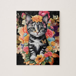 Zwart & Wit Kitten Bloemen puzzel