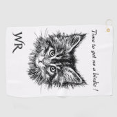 Zwart-wit kitten gezicht grappig een monogram golfhanddoek (Horizontaal)