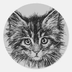 Zwart-wit kitten gezicht op grijs ronde sticker