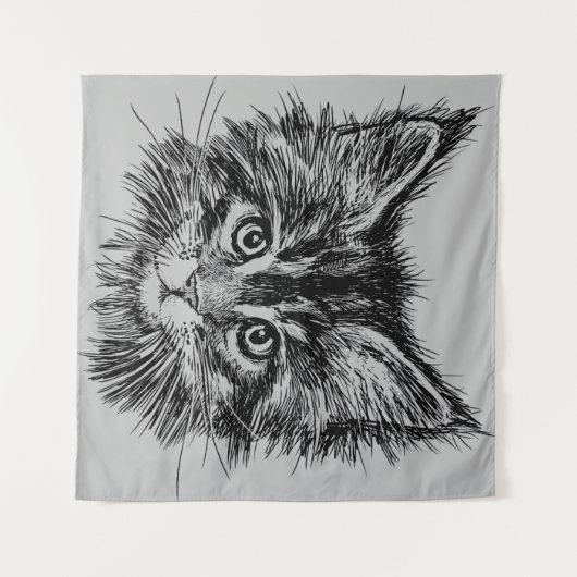 Zwart-wit kitten gezicht op grijs wandkleed (Voorkant (horizontaal))