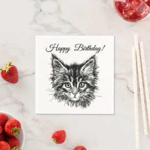 Zwart-wit kitten op een gelukkige verjaardag servet