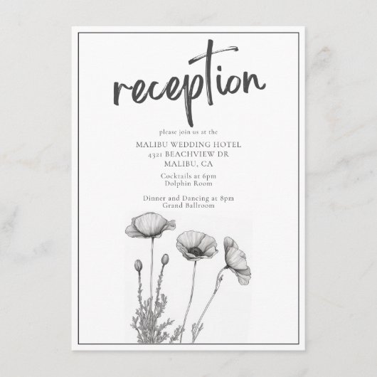 Zwart Wit Klaproos Bloemen Elegante Bruiloft Recep Informatiekaartje (Voorkant)