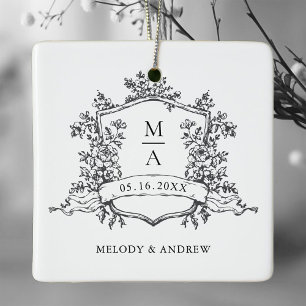 Zwart & Wit Klassiek Bloemengestempeld Trouwfoto Keramisch Ornament