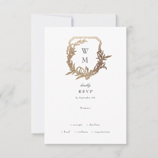 Zwart Wit klassiek bloemengoud crest bruiloft RSVP Kaartje (Voorkant)
