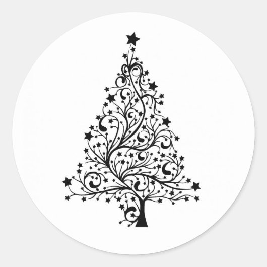 Zwart-wit klassieke kerstboom ronde sticker (Voorkant)