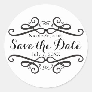 Zwart & Wit Klassieke Vintage Save the Date Ronde Sticker