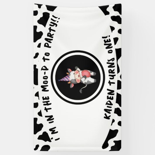 Zwart & Wit Koe Print Eerste 1e Verjaardagsfeest Spandoek (Verticaal)