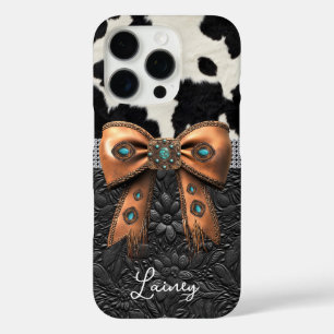 Zwart-wit koeienhuid leer met juwelen boog iPhone 16 pro hoesje