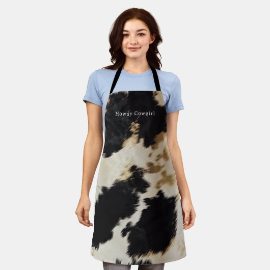 Zwart Wit Koeienhuid Schort (Gedragen)
