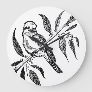 Zwart & Wit Kookaburra op Tak Tekening Grote Klok