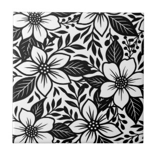 Zwart & Wit Krachtig Modern Bloemmotief Tegeltje
