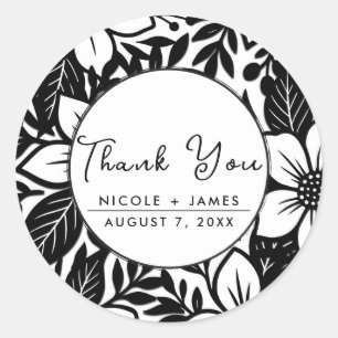 Zwart & Wit Krachtige Bloemige Bloei Baby Shower Ronde Sticker