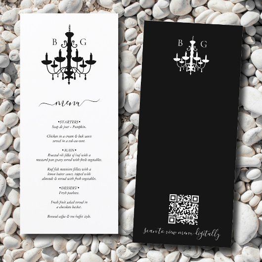 Zwart Wit Kroonluchter Monogram Huwelijk QR Code Menu
