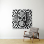 Zwart & Wit lachend Lace Skull Tapestry Wandkleed (In situ)