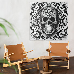 Zwart & Wit lachend Lace Skull Tapestry Wandkleed