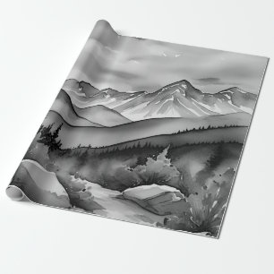 Zwart-wit landschapsschilderij van bergen cadeaupapier
