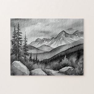 Zwart-wit landschapsschilderij van bergen legpuzzel