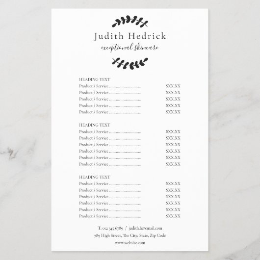 Zwart-wit Laurel Service Menu Prijslijst (Voorkant)