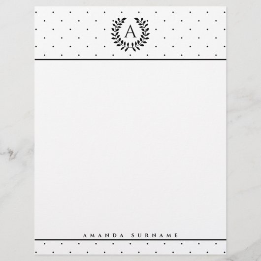 Zwart-Wit-Laurier Monogram Stippenpatroon Briefhoofd (Voorkant)