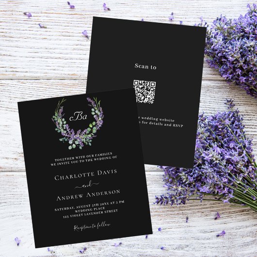 Zwart wit lavendel bloemenQR RSVP budget bruiloft