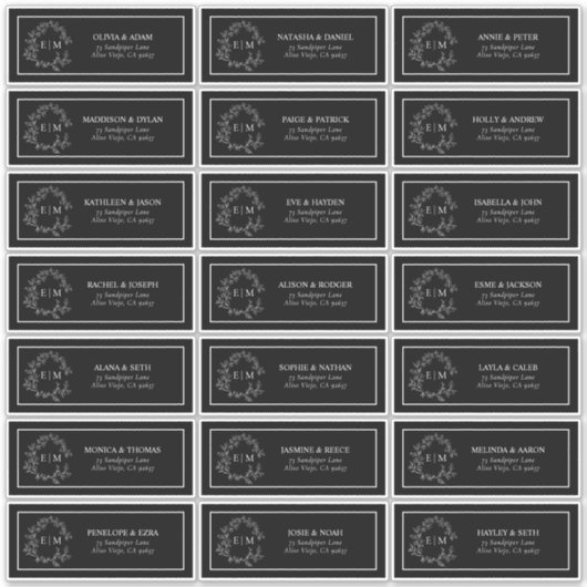 Zwart-wit Leafy Crest Monogram Gastadres Sticker (Voorkant)