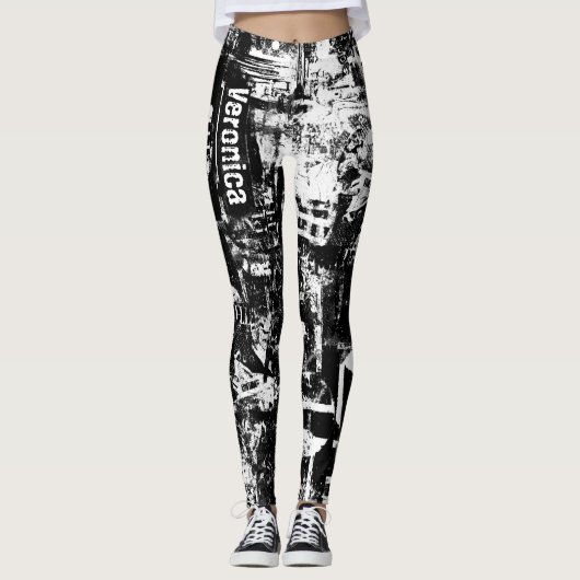 Zwart-wit Leggings met gedrukte graffiti kunst (Voorkant)