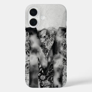 Zwart-wit Letter M Trippy Bloemen Waterverf iPhone 16 Hoesje