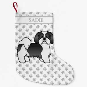 Zwart-wit Lhasa Apso Cartoon Dog & Name Kleine Kerstsok