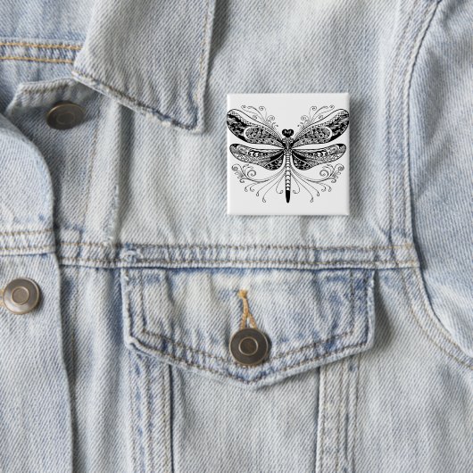 Zwart & wit libellen pin vierkante button 5,1 cm (In situ)
