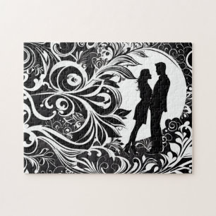 Zwart & Wit Liefde: Silhouet Paar in een Kus Legpuzzel