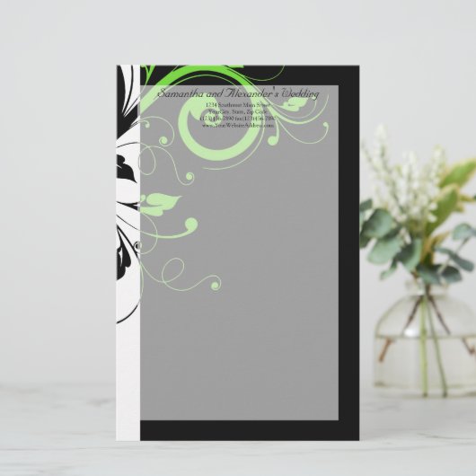 Zwart/wit/lime groen vet werveling bruiloft briefpapier (Staand voorkant)