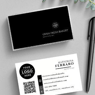 Zwart Wit Logo QR Code Zilveren Rand Bakkerij Visitekaartje