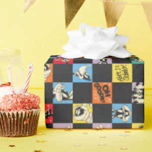 Zwart-wit LOONEY TUNES™ in kleurrijke checker Cadeaupapier