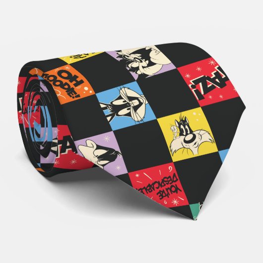 Zwart-wit LOONEY TUNES™ in kleurrijke checker Stropdas (Opgerold)