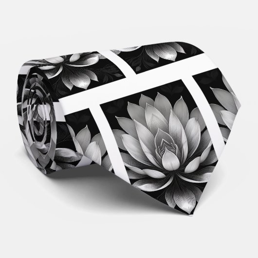 Zwart-wit Lotus Patroon Stropdas (Opgerold)