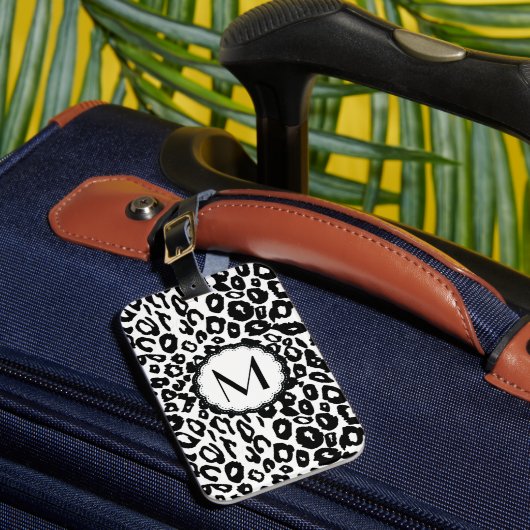Zwart-wit luipaardmonogram bagagelabel (Voorkant Insitu 1)