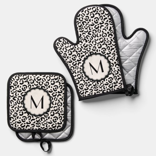 Zwart-wit luipaardmonogram ovenwant & pannenlap set (Voorkant / Achterkant)
