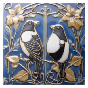 Zwart-wit Magpie Art Nouveau Art Deco Vogels Tegeltje