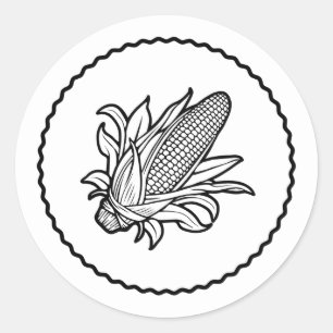 Zwart-wit maiskolf pictogram met bladeren ronde sticker