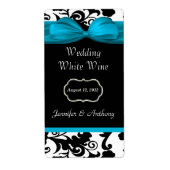 Zwart, Wit & Malibu Blauw Damask Mini Wijn Labels (Voorkant)