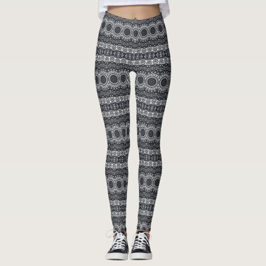 Zwart-wit Mandala Kaleidoscoop Gestreept Leggings (Voorkant)