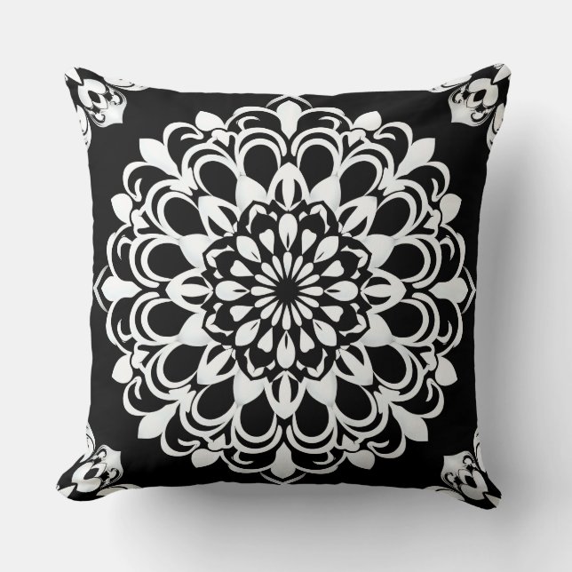 Zwart-wit Mandala-ontwerp Kussen (Voorkant)