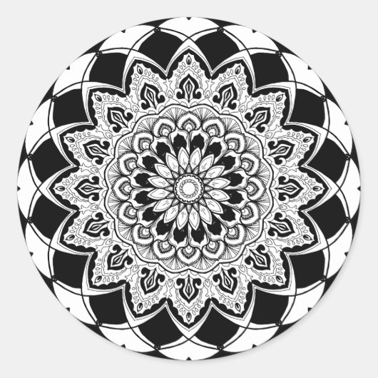Zwart-wit Mandala Ronde Sticker (Voorkant)