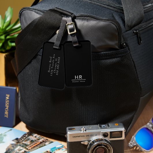 Zwart-wit Mannelijk Monogram Initialen + Naam Bagagelabel (Voorkant /achterkant)