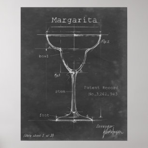 Zwart-wit Margarita Glass Blueprint Poster