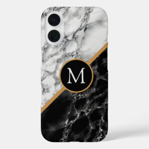 Zwart Wit Marmer Gepersonaliseerde Letter Monogram iPhone 16 Hoesje